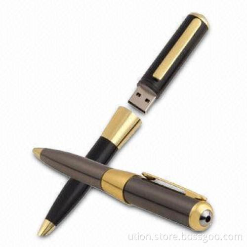 Gold pen design USB flash drive with 1-32GB capacity, free sample and logo